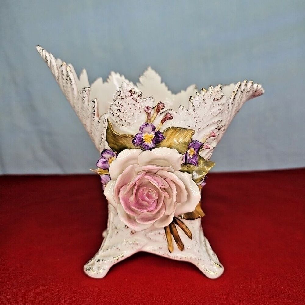 Rose Vase Vee Jackson Pottery Capodimonte Style Leaf Shape 3D Flower VTG Planter